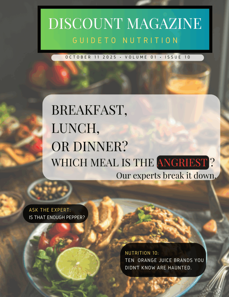 V1 I10 Discount Magazine - Nutrition
Picture of a meal on a wooden table.
Cover: Breakfast, Lunch, or Dinner: Which meal is the angriest? Our experts break it down.
List of Ten: Ten orange juice brands you didn’t know are haunted. 
Ask the Expert:Is that enough damn pepper?